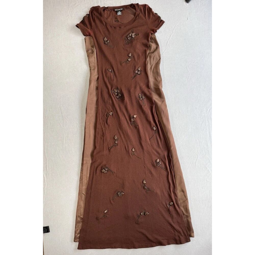 Rare Vintage 90s Vivienne Tam Brown Mesh Rose Appliqué Maxi Dress Set Size 2